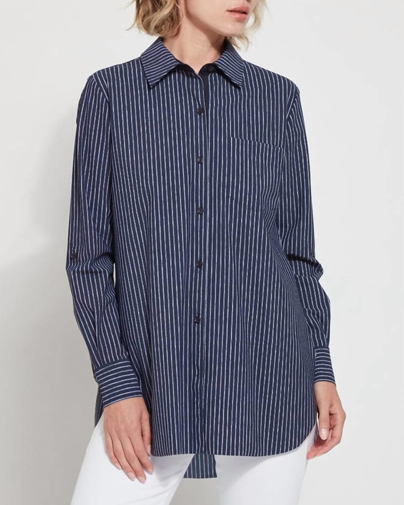 Front of a model wearing a size LARGE Schiffer Button Down Shirt in Navy Contrast Stripe in Navy Contrast Stripe by Lysse. | dia_product_style_image_id:326726